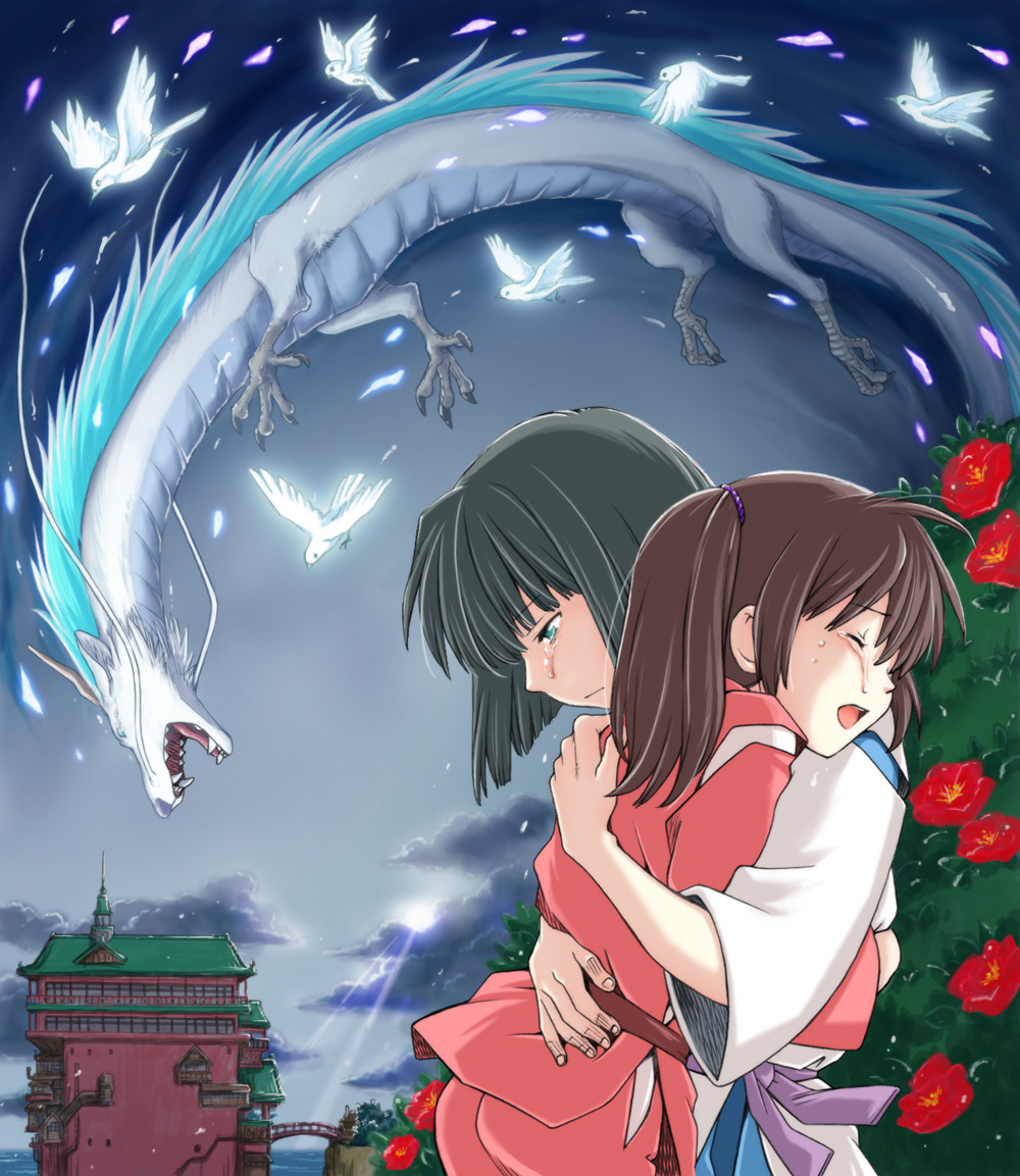 2011 avian bird bodily_fluids building chihiro_ogino clothing cloud crying dragon duo embrace eyes_closed female feral flower ghibli haku_(spirited_away) hug human male mammal open_mouth outside plant sky soukosouji spirited_away tears young