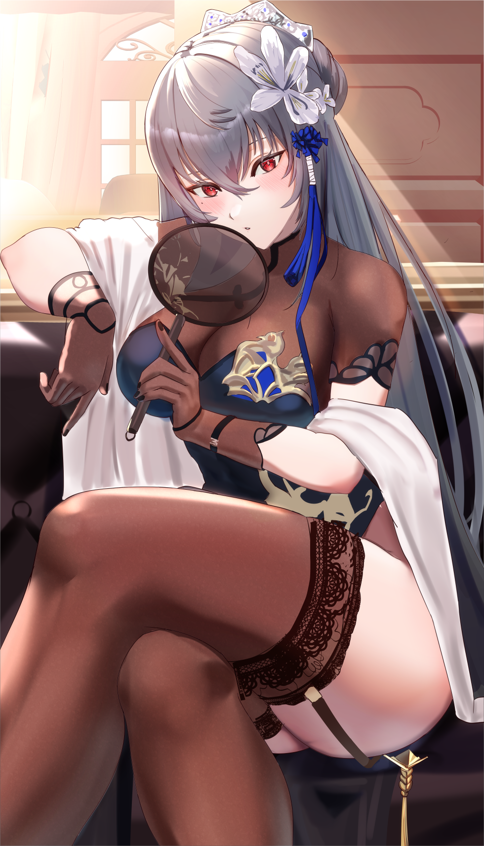 1girl azur_lane bangs black_gloves black_nails black_thighhighs blue_dress blush bodystocking breasts cafenami cleavage closed_mouth crossed_legs dress feet_out_of_frame flower garter_straps gloves grey_hair hair_flower hair_ornament hairband hand_fan highres holding holding_fan long_hair looking_at_viewer medium_breasts nail_polish official_alternate_costume red_eyes saint-louis_(alluring_administrator)_(azur_lane) saint-louis_(azur_lane) sitting solo thighhighs thighs