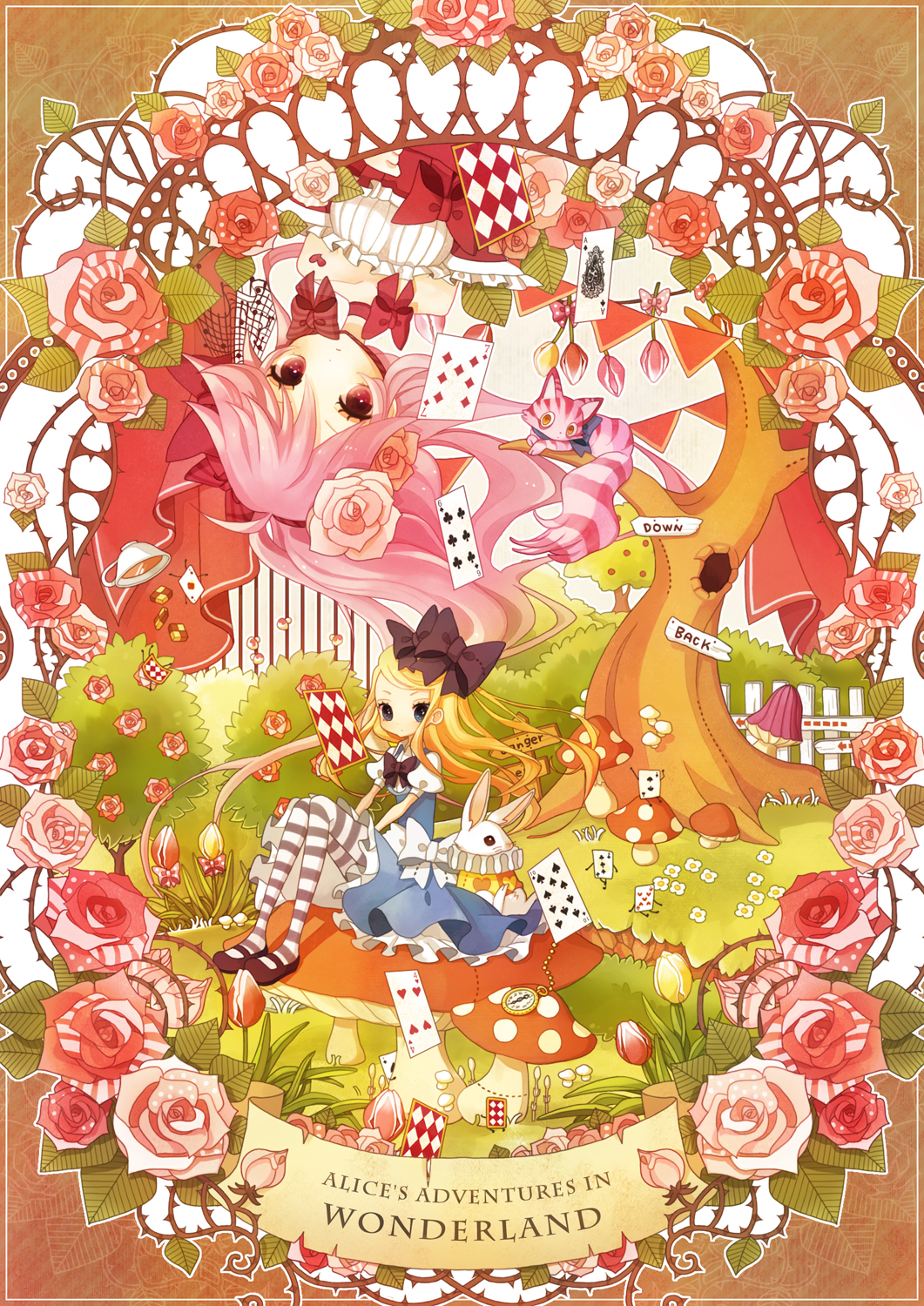 32_(mayama) alice_(wonderland) alice_in_wonderland bad_id bad_pixiv_id blonde_hair blue_eyes bow card card_creature cheshire_cat copyright_name cup falling_card flower hair_bow hair_ornament highres mary_janes multicolored multicolored_rose multiple_girls mushroom neck_ruff pink_flower pink_hair pink_rose pocket_watch queen_of_hearts red_eyes red_flower red_rose rose shoes teacup thighhighs tree watch white_rabbit