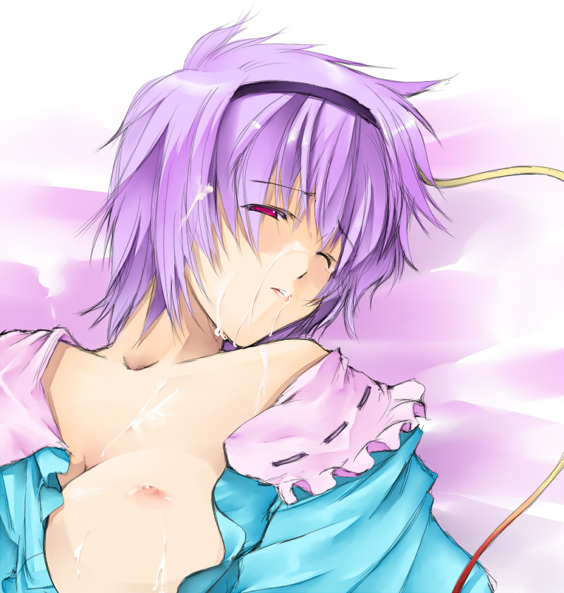 bad_id bad_pixiv_id breast_slip breasts cum cum_on_body cum_on_breasts cum_on_hair cum_on_upper_body face facial komeiji_satori kurokuro lying nipples one_breast_out one_eye_closed open_clothes open_shirt purple_hair red_eyes shirt short_hair small_breasts solo tears touhou