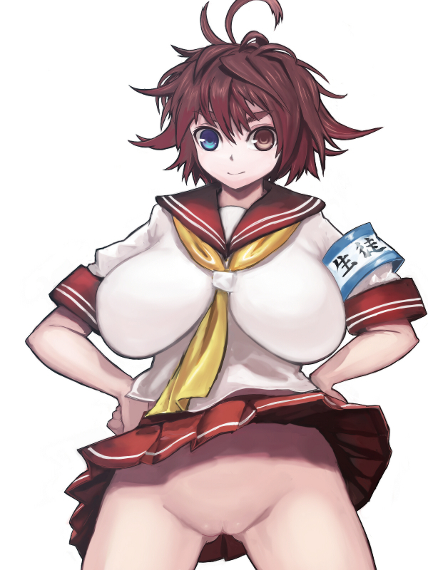 ahoge blue_eyes breasts brown_eyes brown_hair chikokuma copyright_request hands_on_hips heterochromia impossible_clothes impossible_shirt large_breasts no_panties pussy school_uniform serafuku shirt short_hair skirt skirt_lift solo wind wind_lift