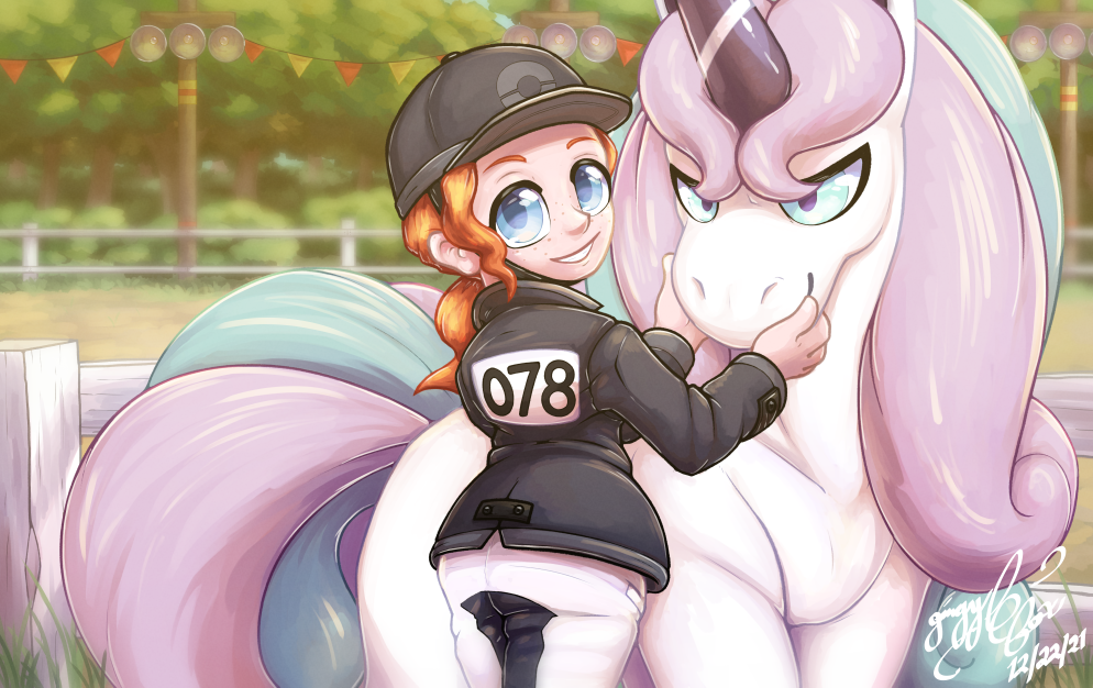 blue_eyes clothing equid equine freckles galarian_form galarian_rapidash gingy_k_fox hair horn jockey looking_at_viewer mammal nintendo outside pok&eacute;mon pok&eacute;mon_(species) pok&eacute;mon_trainer red_hair regional_form_(pok&eacute;mon) unicorn uniform video_games