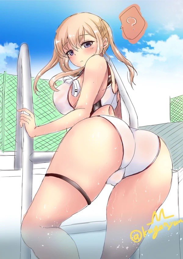 1girl ? ass back_cutout blue_eyes blue_sky blush breasts chain-link_fence clothing_cutout competition_swimsuit fence from_behind frown graf_zeppelin_(kancolle) hair_between_eyes kantai_collection kuga_zankurou large_breasts long_hair looking_at_viewer looking_back one-piece_swimsuit outdoors pool_ladder sideboob sky solo spoken_question_mark swimsuit thigh_strap twintails twitter_username wet white_swimsuit