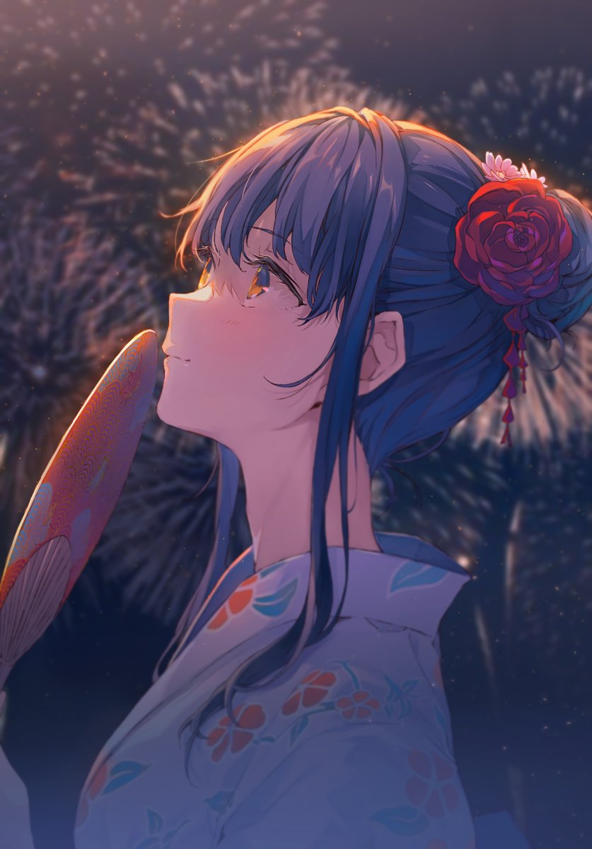 1girl bangs blue_hair blush brown_eyes fireworks floral_print flower hair_bun hair_flower hair_ornament hand_fan hand_up highres holding holding_fan japanese_clothes kimono long_hair looking_up night original outdoors parted_lips red_flower reia solo white_kimono