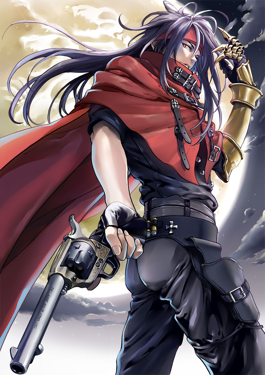 1boy ass belt black_gloves black_hair black_pants black_shirt cape cloud cloudy_sky cowboy_shot final_fantasy final_fantasy_vii fingerless_gloves full_moon gloves gun hair_between_eyes headband high_collar highres holding holding_gun holding_weapon holster long_hair looking_at_viewer male_focus messy_hair metal_gloves moon multiple_belts night night_sky pants parted_lips piston red_cape red_eyes red_headband shirt sky sleeves_past_fingers sleeves_past_wrists smile solo thigh_holster vincent_valentine weapon yonesuke