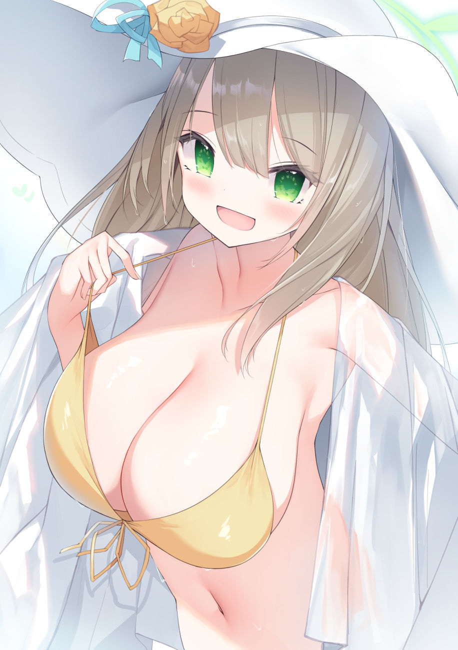 1girl :d bangs bikini blue_archive blush breasts brown_hair cisyo cleavage collarbone flower front-tie_bikini front-tie_top green_eyes hat hat_flower highres huge_breasts long_hair navel nonomi_(blue_archive) open_clothes open_mouth open_shirt orange_flower orange_rose ribbon rose see-through shirt smile solo stomach strap_lift sun_hat swimsuit upper_body very_long_hair white_headwear white_shirt yellow_bikini yellow_ribbon