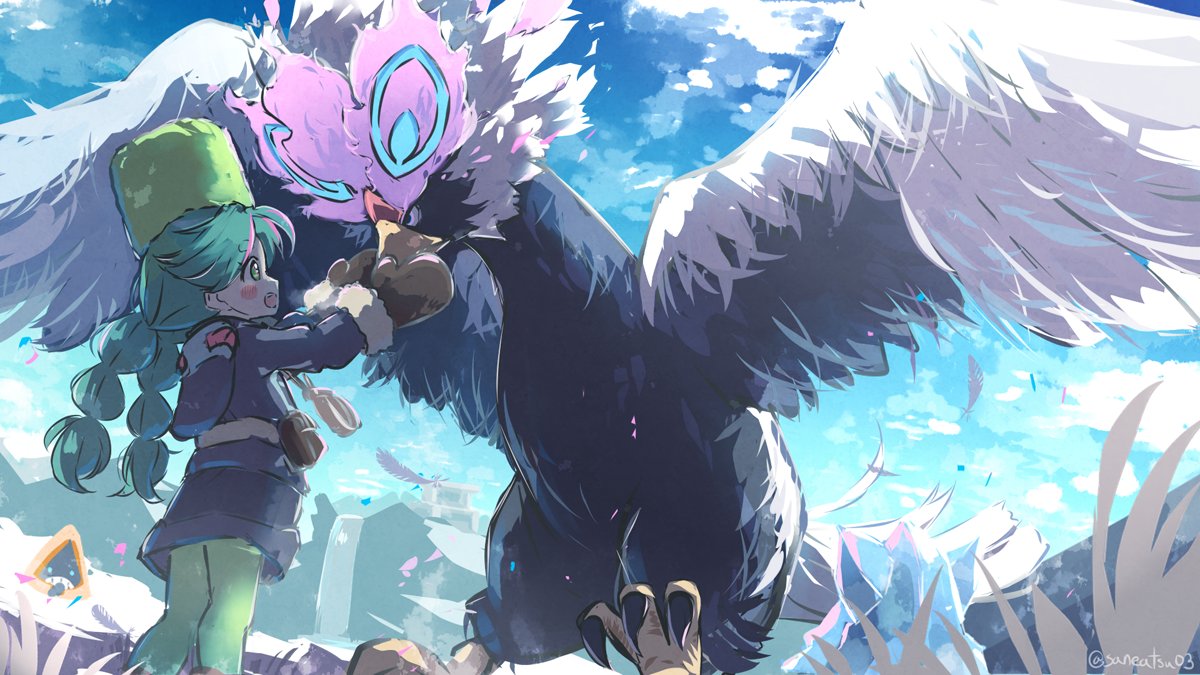 1girl 3others alabaster_icelands bergmite bird blue_sky blush blush_stickers canteen cloud diamond_clan_outfit feathered_wings feathers flying fur-trimmed_gloves fur_hat fur_trim gloves green_eyes green_hair green_headwear green_leggings hands_on_another's_face hat hisuian_braviary leggings mittens mountain mountainous_horizon multiple_others niwasane_(saneatsu03) pokemon pokemon_(creature) pokemon_(game) pokemon_legends:_arceus sabi_(pokemon) sky snorunt snow spread_wings talons temple twintails twitter_username water waterfall wings