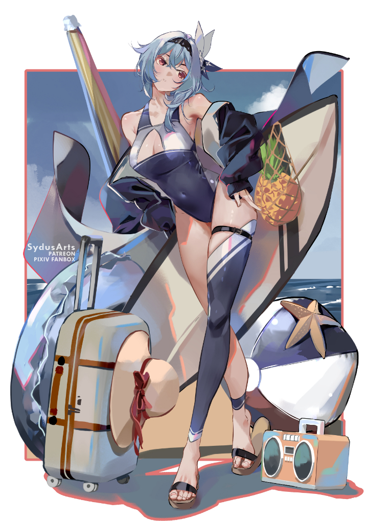 1girl barefoot_sandals black_jacket blue_hair blue_hairband blue_sky blue_swimsuit blue_thighhighs breasts cleavage cloud covered_navel day eula_(genshin_impact) fanbox_username food fruit full_body genshin_impact hairband hand_on_hip jacket leg_belt legs medium_breasts ocean one-piece_swimsuit outdoors patreon_username pineapple red_eyes sandals short_hair single_thighhigh sky solo standing swimsuit sydus thighhighs toes