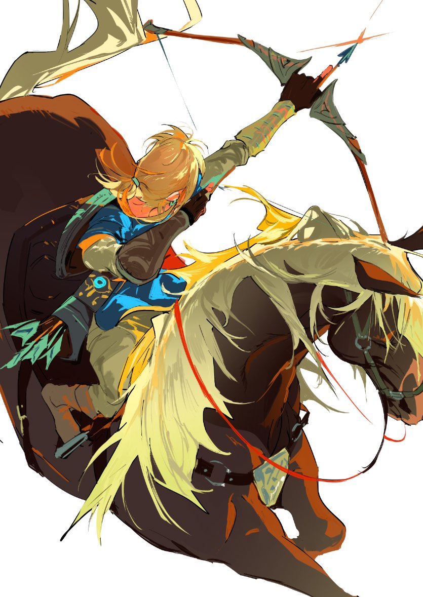 1boy archery atie1225 blonde_hair blue_tunic boots bow_(weapon) brown_footwear drawing_bow earrings facing_away fingerless_gloves gloves grey_pants holding holding_bow_(weapon) holding_weapon horse horseback_archery horseback_riding jewelry link long_hair outstretched_arms pants pointy_ears ponytail quiver riding the_legend_of_zelda the_legend_of_zelda:_breath_of_the_wild weapon