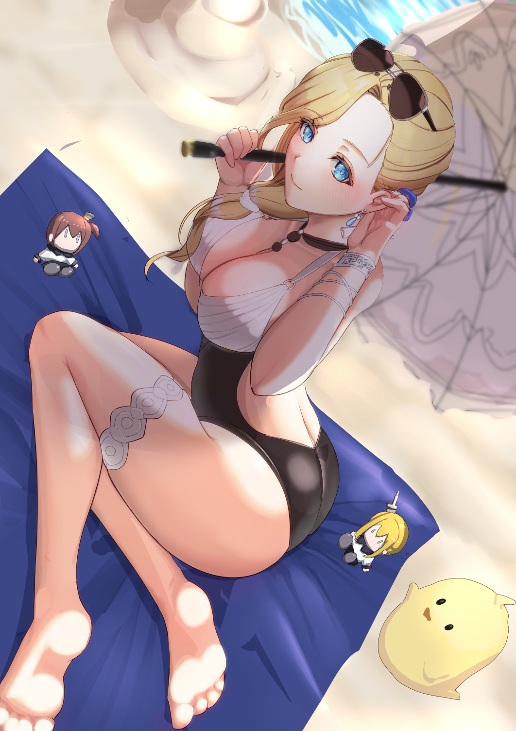 1girl ass azur_lane beach black_swimsuit blonde_hair blue_eyes breasts cafenami casual_one-piece_swimsuit character_doll cleavage dutch_angle eyewear_on_head frilled_umbrella frills from_above hair_over_shoulder highres holding holding_umbrella hood_(azur_lane) hood_(lady_of_the_shining_sun)_(azur_lane) jewelry large_breasts looking_at_viewer looking_up manjuu_(azur_lane) monokini multicolored_clothes multicolored_swimsuit necklace ocean one-piece_swimsuit outdoors renown_(azur_lane) repulse_(azur_lane) sand solo swimsuit umbrella water white_swimsuit white_umbrella