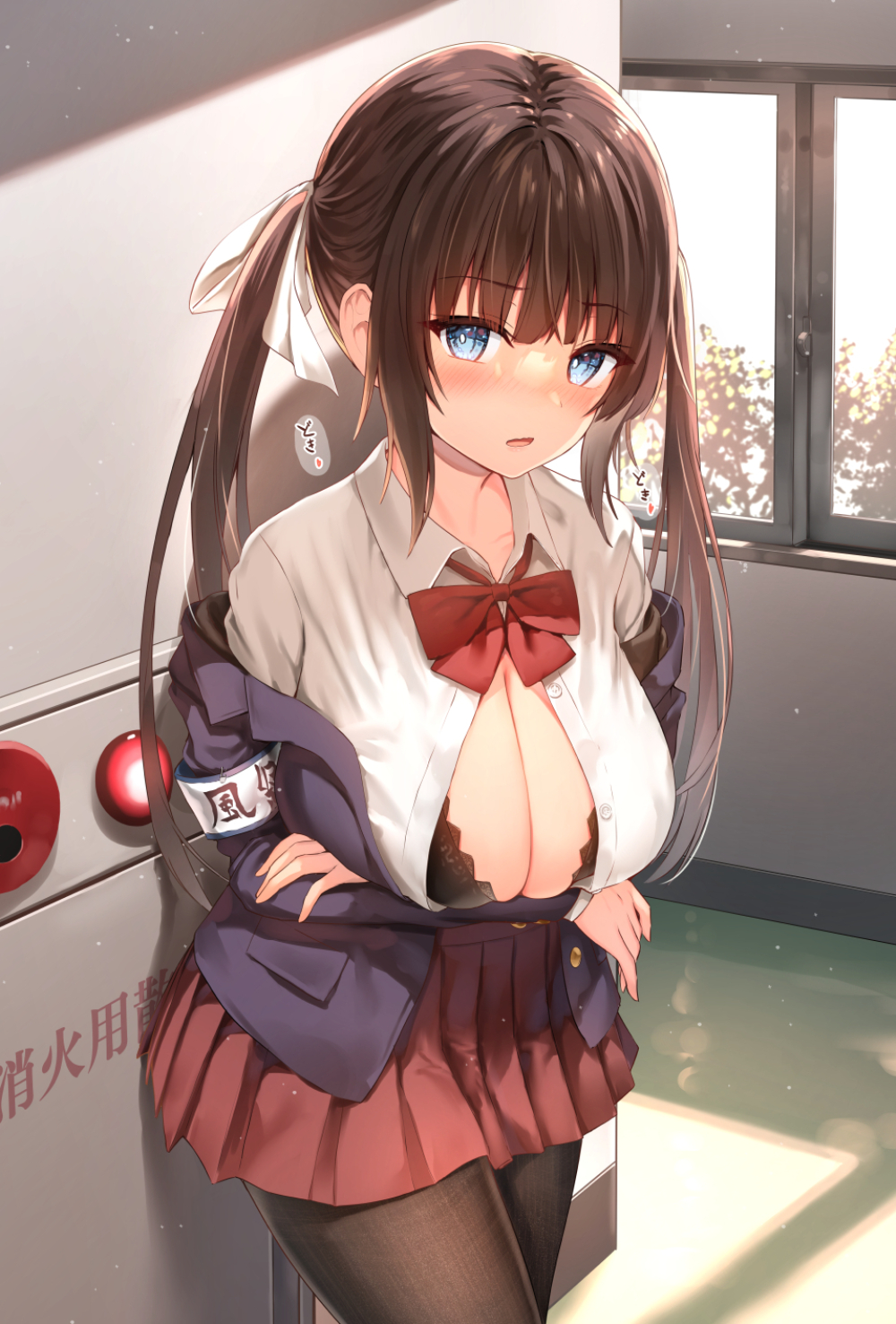1girl armband arms_under_breasts black_bra black_pantyhose blue_eyes blue_jacket blush bow bowtie bra bra_peek breast_hold breasts bright_pupils brown_hair cleavage collared_shirt cowboy_shot crossed_arms hair_ribbon heart highres indoors jacket large_breasts long_hair long_sleeves looking_at_viewer off_shoulder original pantyhose parted_lips partially_unbuttoned pleated_skirt red_bow red_bowtie red_skirt ribbon school_uniform shirt sidelocks skirt solo standing sune_(mugendai) sunlight twintails underwear white_pupils white_ribbon white_shirt window