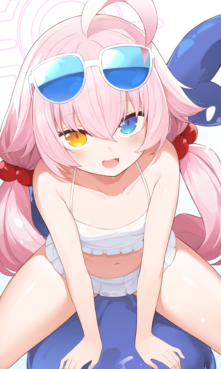 1girl ahoge ball bangs bare_shoulders bikini blue_archive blue_eyes blush collarbone eyewear_on_head frilled_bikini frills from_above hair_between_eyes hair_bobbles hair_ornament halo heterochromia highres hoshino_(blue_archive) hoshino_(swimsuit)_(blue_archive) long_hair looking_at_viewer low_twintails mou_tama_maru navel open_mouth pink_hair simple_background sitting smile solo sunglasses swimsuit twintails very_long_hair white_background white_bikini yellow_eyes