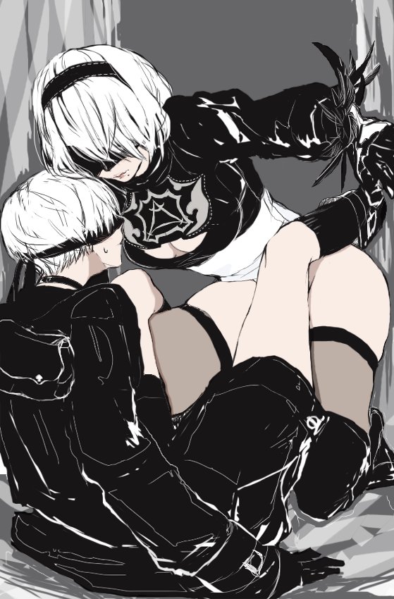 1boy 1girl black_blindfold black_footwear black_gloves black_hairband black_jacket black_shorts blindfold boots breasts choker cleavage cleavage_cutout clothing_cutout full_body gloves hairband jacket juliet_sleeves kneeling legs_up leotard long_sleeves medium_breasts mole mole_under_mouth nier_(series) nier_automata puffy_sleeves short_hair shorts sitting sweatdrop thighhighs thighs tomo_(552252) white_hair yorha_no._2_type_b yorha_no._9_type_s