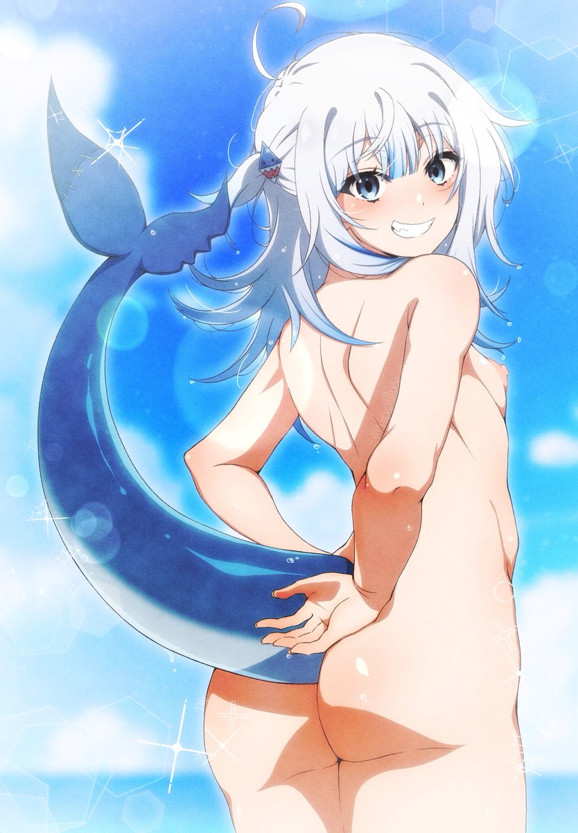 1girl arms_behind_back ass back bangs beach blue_eyes blue_hair blue_sky breasts cloud day fish_tail from_behind gawr_gura grin highres hololive hololive_english large_areolae lens_flare looking_at_viewer looking_back medium_hair multicolored_hair naoillus nude outdoors puffy_nipples shark_girl shark_tail sky small_breasts smile solo streaked_hair sunlight swimsuit tail two-tone_hair virtual_youtuber white_hair