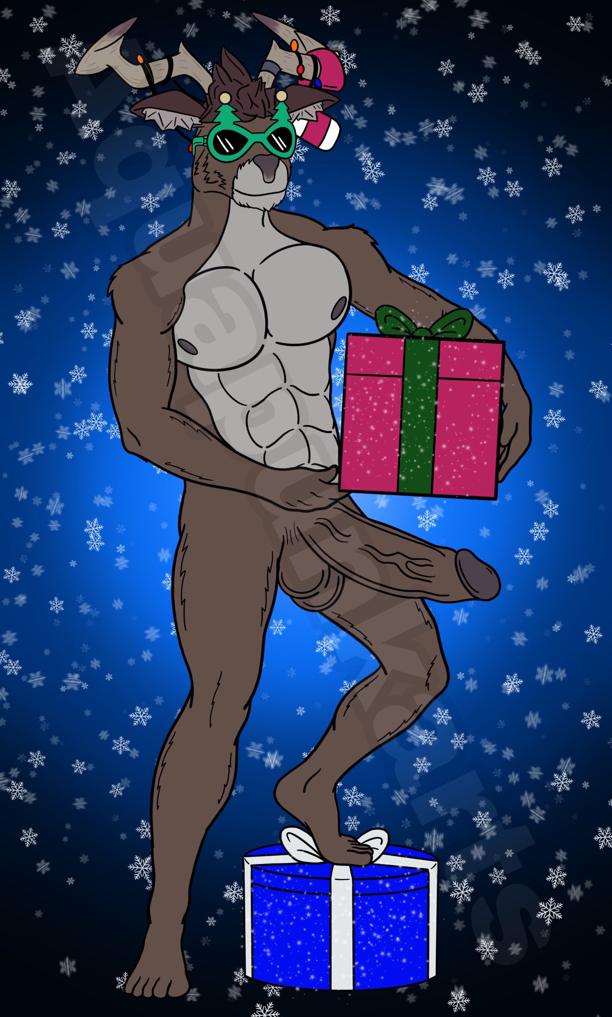 5_toes anthro antlers aquapunkarts capreoline cervid christmas_lights dolph_(fortnite) epic_games erection feet fortnite genitals gift_bow gift_box hi_res horn humanoid_genitalia humanoid_penis male mammal nipples nude penis reindeer shirtless_(male) shirtless_anthro solo sunglasses_on_face toes video_games watermark