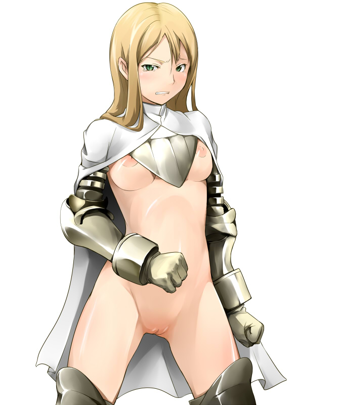 angry armor blonde_hair blush breasts cape final_fantasy final_fantasy_tactics gauntlets greaves green_eyes hiru_okita knight knight_(fft) long_hair medium_breasts naked_cape nipples no_panties non-web_source pussy solo source_request tears underboob