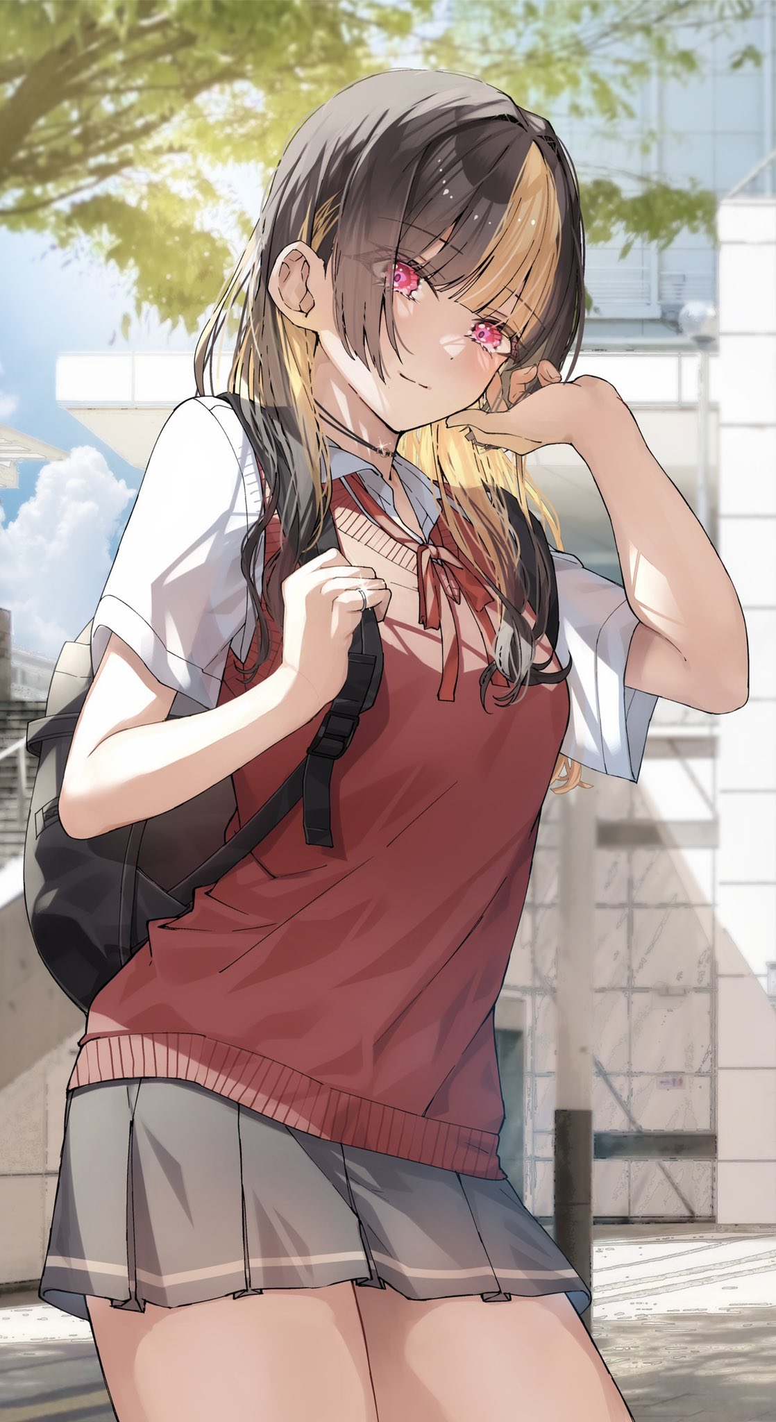 1girl bag blonde_hair blush brown_hair carrying_bag closed_mouth collared_shirt cowboy_shot day dot_nose eyes_visible_through_hair hand_in_own_hair hand_up highres jewelry matsusatoru_kouji miniskirt multicolored_hair original outdoors pleated_skirt red_eyes red_sweater ring school_bag see-through see-through_shirt shirt short_sleeves sidelocks skirt sleeveless sleeveless_sweater smile solo standing sunlight sweater thighs two-tone_hair white_shirt