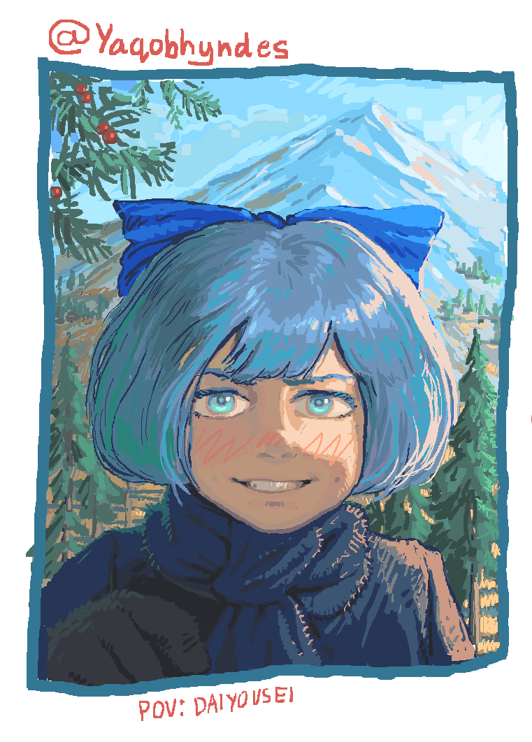 1girl alternate_costume aqua_eyes blue_hair blue_jacket blue_ribbon blue_scarf cirno cirno_day cloud gloves hindsart jacket landscape looking_at_viewer mountain pine_tree ribbon scarf sky smile snow touhou tree