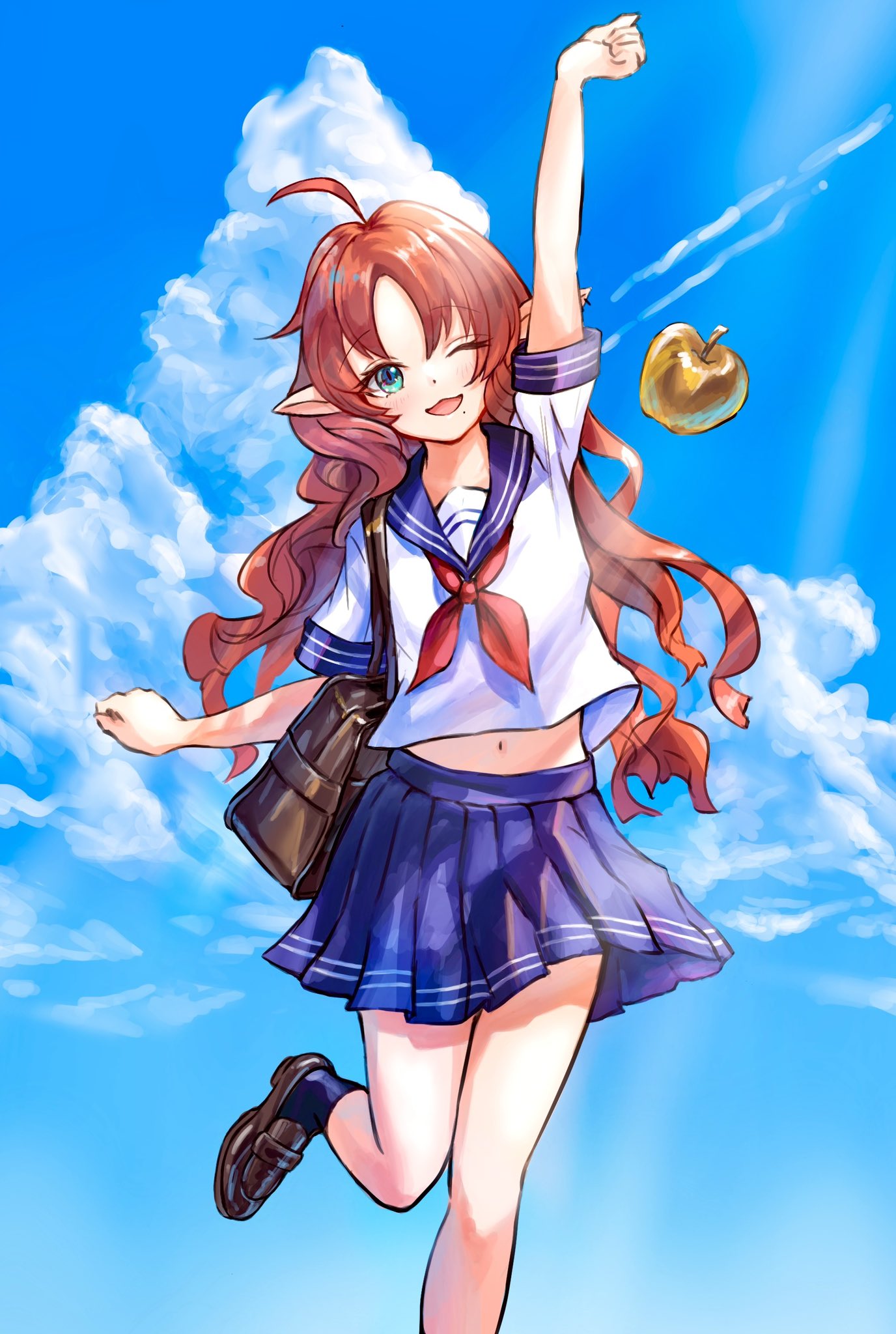 1girl ;d ahoge alternate_costume apple arknights arm_up black_socks blue_sailor_collar blue_skirt blue_sky brown_bag brown_footwear cloud cloudy_sky ear_piercing food fruit garvini golden_apple green_eyes highres leg_up loafers long_hair looking_at_viewer midriff mole mole_under_mouth myrtle_(arknights) navel neckerchief one_eye_closed open_mouth piercing pleated_skirt pointy_ears red_neckerchief sailor_collar school_uniform serafuku shirt shoes short_sleeves skirt sky smile socks solo standing standing_on_one_leg wavy_hair white_shirt