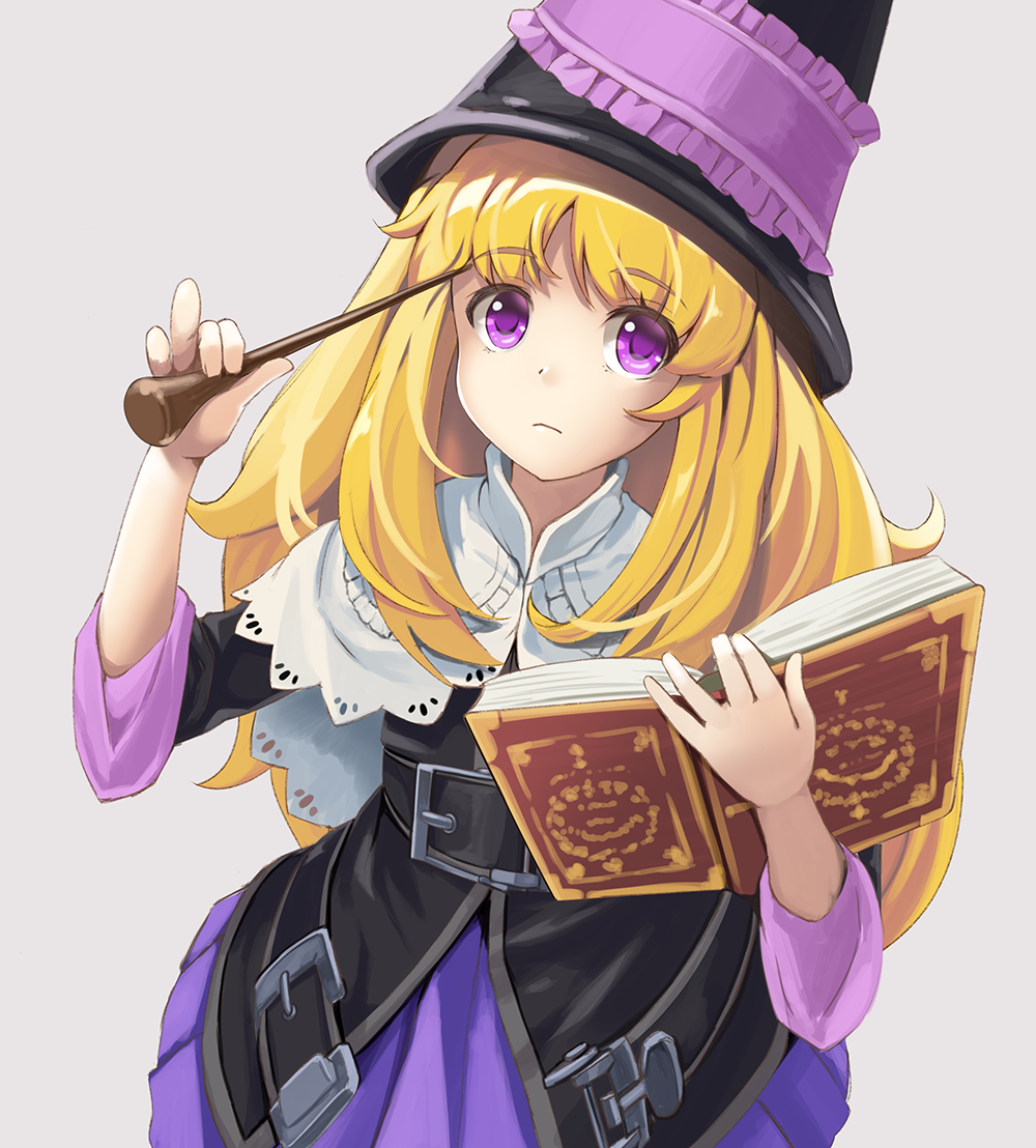 1girl bangs black_headwear black_jacket blonde_hair book capelet closed_mouth commentary_request frilled_skirt frills grey_background grimgrimoire hands_up hat holding holding_book holding_wand jacket lillet_blan long_hair long_sleeves looking_at_viewer open_book purple_eyes purple_skirt simple_background skirt solo very_long_hair wand wapokichi white_capelet wide_sleeves
