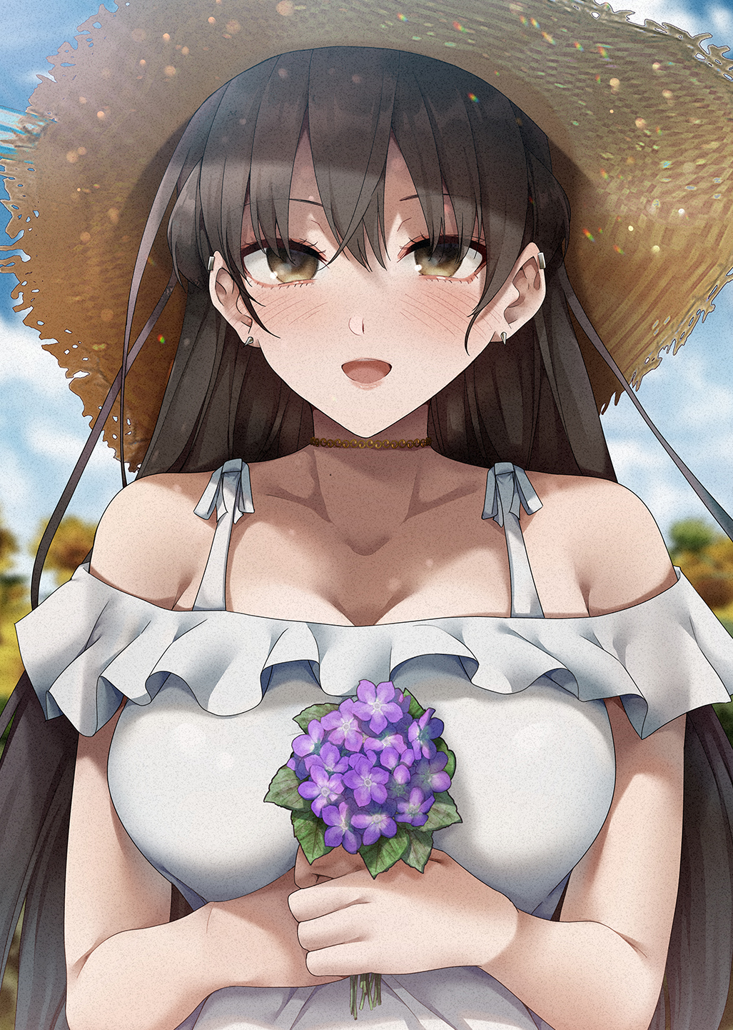 1girl bangs bare_shoulders black_hair blurry blurry_background blush bouquet breasts brown_eyes cleavage collarbone commentary_request dress ear_piercing earrings flower hat highres holding holding_bouquet jewelry large_breasts lips long_hair looking_at_viewer necklace off-shoulder_dress off_shoulder open_mouth original outdoors piercing purple_flower ryouma_(galley) solo straw_hat sunflower tongue very_long_hair