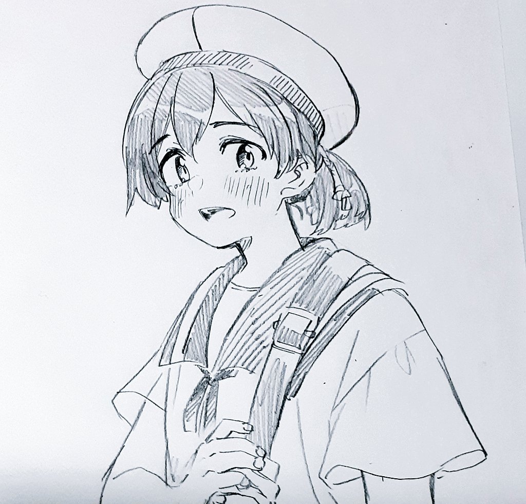 1girl commentary_request dress hat hiburi_(kancolle) kantai_collection lineart looking_at_viewer low_ponytail monochrome sagamiso sailor_collar sailor_dress sailor_hat short_hair short_sleeves solo strap upper_body