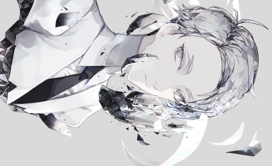 1other androgynous black_necktie cairngorm_(houseki_no_kuni) closed_mouth commentary crystal_hair damaged english_commentary eyelashes formal gem_uniform_(houseki_no_kuni) grey_background grey_eyes grey_hair grey_theme houseki_no_kuni jacket looking_at_viewer multicolored_hair necktie other_focus portrait severed_torso shards short_hair sideways sideways_glance sleepless_(wrysmile) streaked_hair suit white_jacket