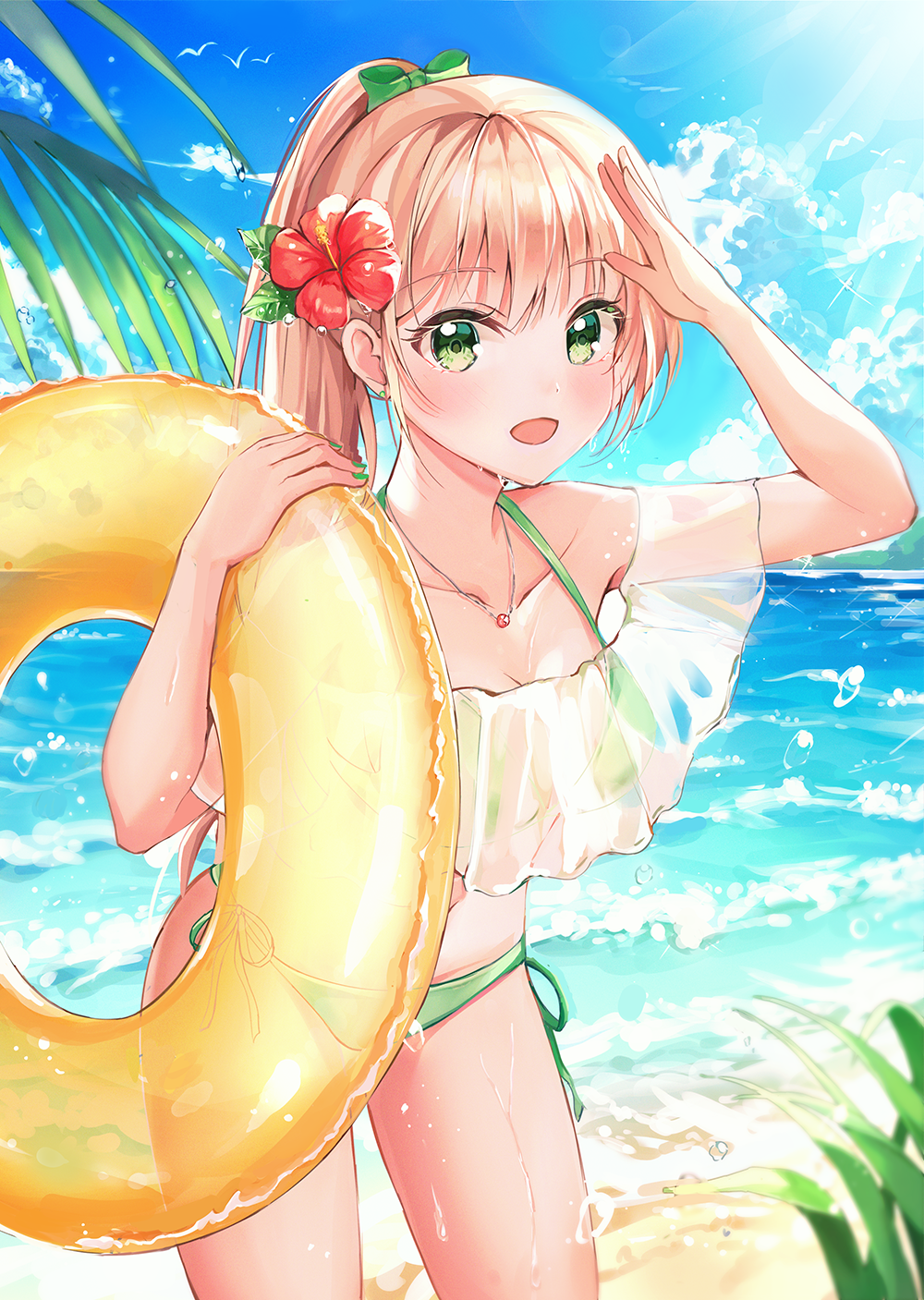 1girl :d arm_up bangs bare_shoulders beach bikini blonde_hair blue_sky blush bow breasts cloud collarbone cowboy_shot day eyelashes flower green_bikini green_bow green_eyes hair_between_eyes hair_bow hair_flower hair_ornament halter_top halterneck hand_up hibiscus highres holding holding_innertube innertube jewelry leaf light_rays long_hair looking_at_viewer medium_breasts navel necklace ocean off-shoulder_bikini off_shoulder open_mouth original outdoors palm_leaf ponytail red_flower side-tie_bikini sidelocks sky smile solo sparkle ssum_(ehf_dustk) standing stomach sunlight swimsuit water water_drop wet