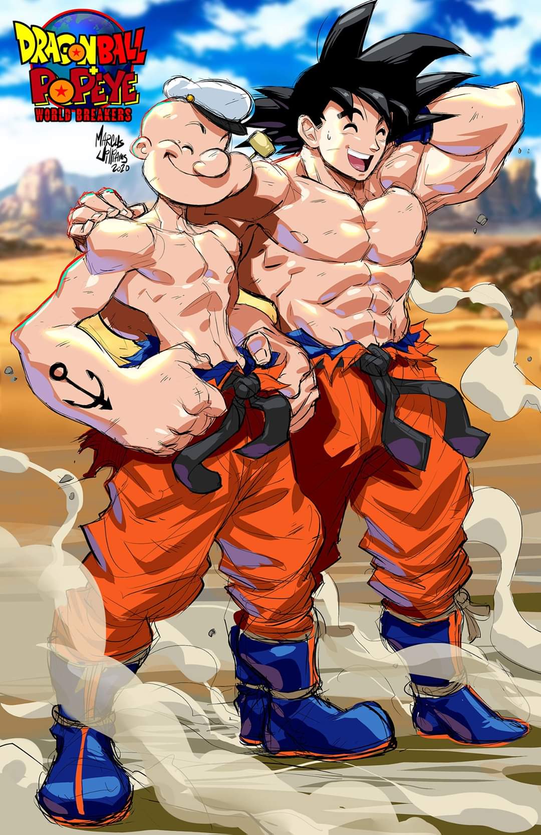 2020 2boys :d abs anchor_tattoo arm_behind_head arm_tattoo artist_name bald bangs belt black_belt black_hair blue_footwear blue_wristband boots closed_eyes collarbone commentary copyright_name crossover dragon_ball dust dust_cloud english_commentary full_body hand_on_another's_shoulder hands_on_own_legs hat highres jpeg_artifacts male_focus marcus_williams multiple_boys muscular muscular_male open_mouth orange_pants pants pectorals pipe_in_mouth popeye popeye_the_sailor sailor_hat signature smile smoking_pipe son_goku spiked_hair standing sweatdrop tattoo topless_male wasteland wristband
