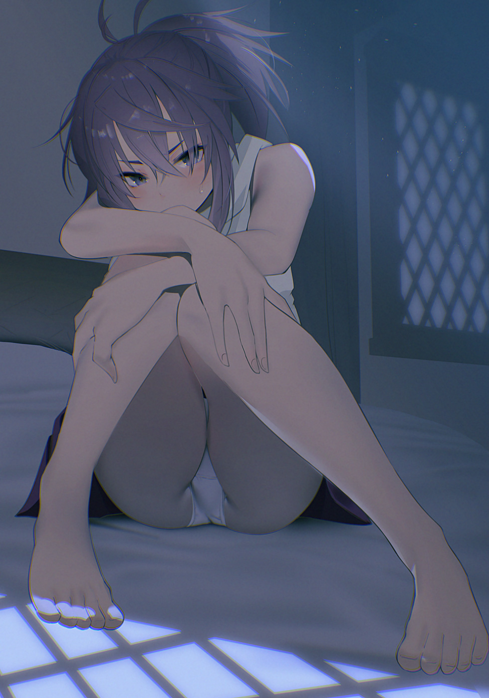 1girl bangs barefoot bed blue_eyes blush hair_between_eyes highres imura_(shiro_maru) indoors kaede_(sayappa) looking_at_viewer night on_bed original panties pantyshot ponytail purple_hair shiro_maru sidelocks sitting sleeveless solo sweat underwear white_panties window