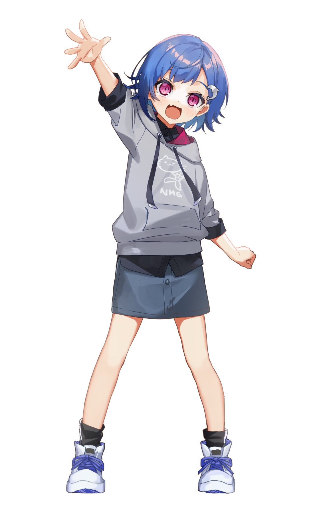 1girl arm_up bangs black_shirt black_socks blue_hair blue_skirt blush clenched_hand dolphin_hair_ornament fang full_body grey_hoodie high_tops highres hood hood_down hoodie morimori_chikka nijisanji nishizono_chigusa open_mouth outstretched_arm pencil_skirt purple_eyes shirt shoes short_hair simple_background skin_fang skirt sleeves_rolled_up smile sneakers socks solo standing virtual_youtuber white_background white_footwear younger