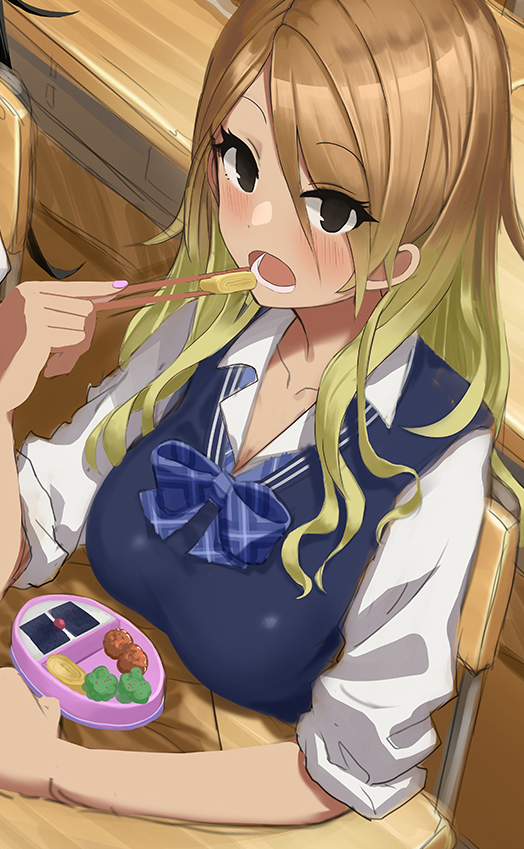 1girl :o arm_rest bento blonde_hair blue_vest blush bow bowtie breasts brown_hair chopsticks classroom collarbone eating gradient_hair idolmaster idolmaster_shiny_colors indoors izumi_mei large_breasts long_hair looking_at_viewer loose_bowtie multicolored_hair nail_polish omelet on_chair open_collar shoka_bg sitting sleeves_rolled_up solo tamagoyaki vest wavy_hair