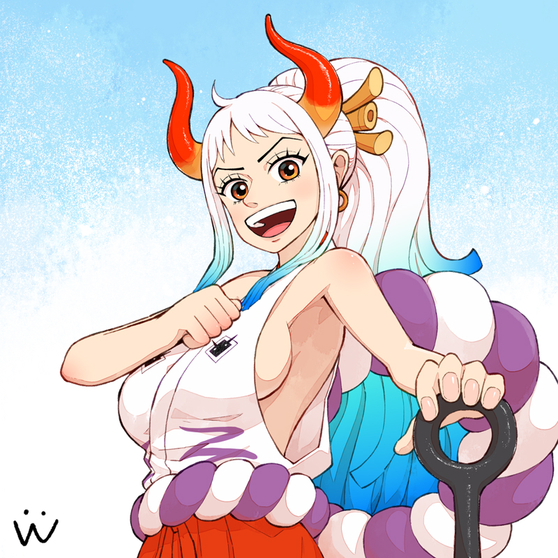 1girl ahoge armpits bare_arms bare_shoulders blue_hair breasts chain club_(weapon) curled_horns dress earrings green_hair hair_ornament hair_stick hakama hand_on_own_chest high_ponytail holding holding_weapon hoop_earrings horns japanese_clothes jewelry kanabou kimono kusasugimath large_breasts long_hair looking_at_viewer multicolored_hair multicolored_horns one_piece oni open_mouth orange_eyes orange_horns pants red_horns rope shimenawa sideboob signature simple_background sleeveless sleeveless_kimono smile solo upper_body very_long_hair weapon white_background white_hair yamato_(one_piece)
