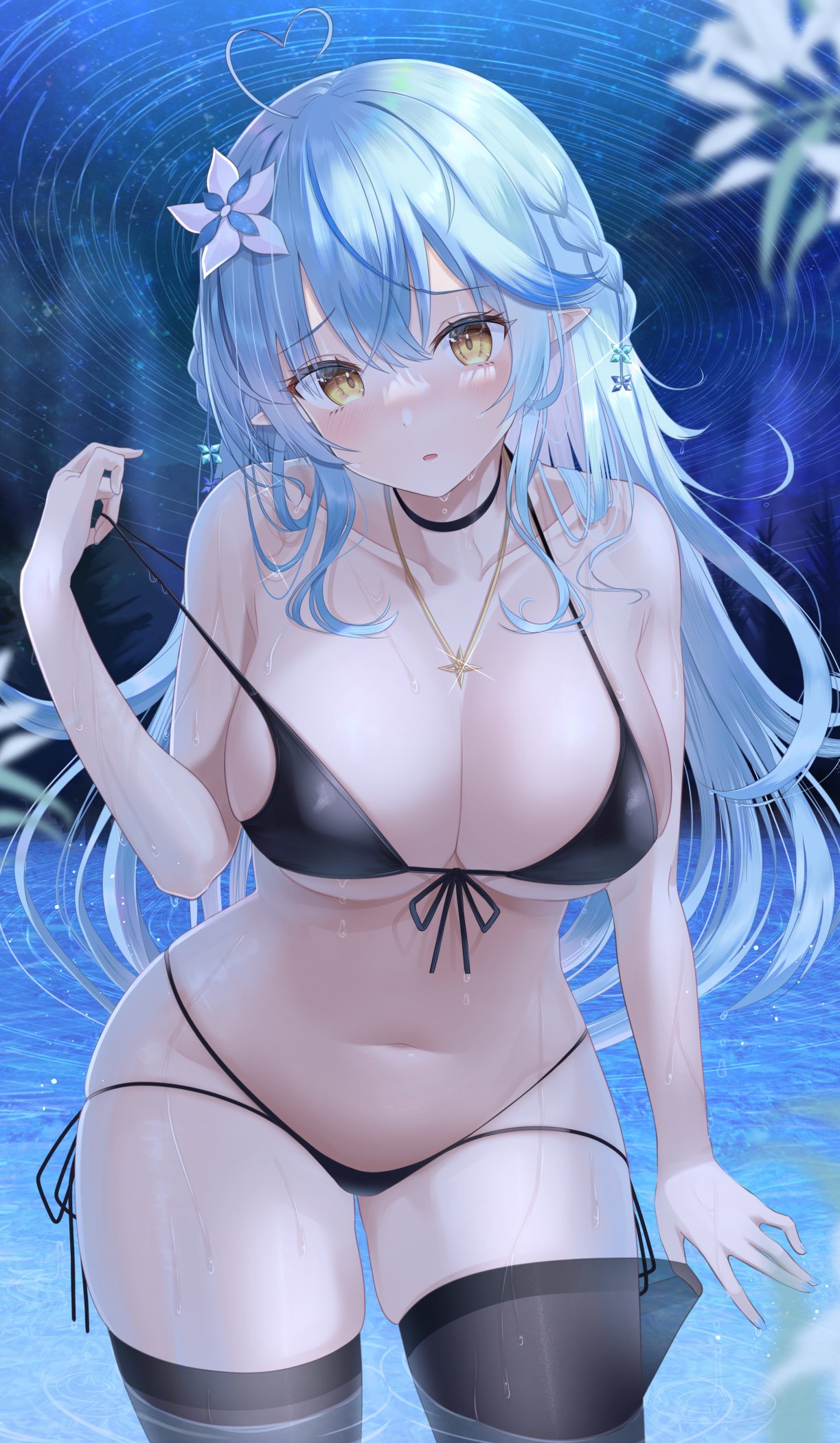 1girl ahoge bangs bikini black_bikini blue_hair blush braid breasts cleavage colored_tips flower hair_flower hair_ornament head_tilt heart heart_ahoge highres hololive kachikachipiroo large_breasts leaning_forward long_hair multicolored_hair parted_lips pointy_ears pulled_by_self snowflake_hair_ornament solo standing strap_pull streaked_hair swimsuit thighhighs thighhighs_pull virtual_youtuber wet yellow_eyes yukihana_lamy