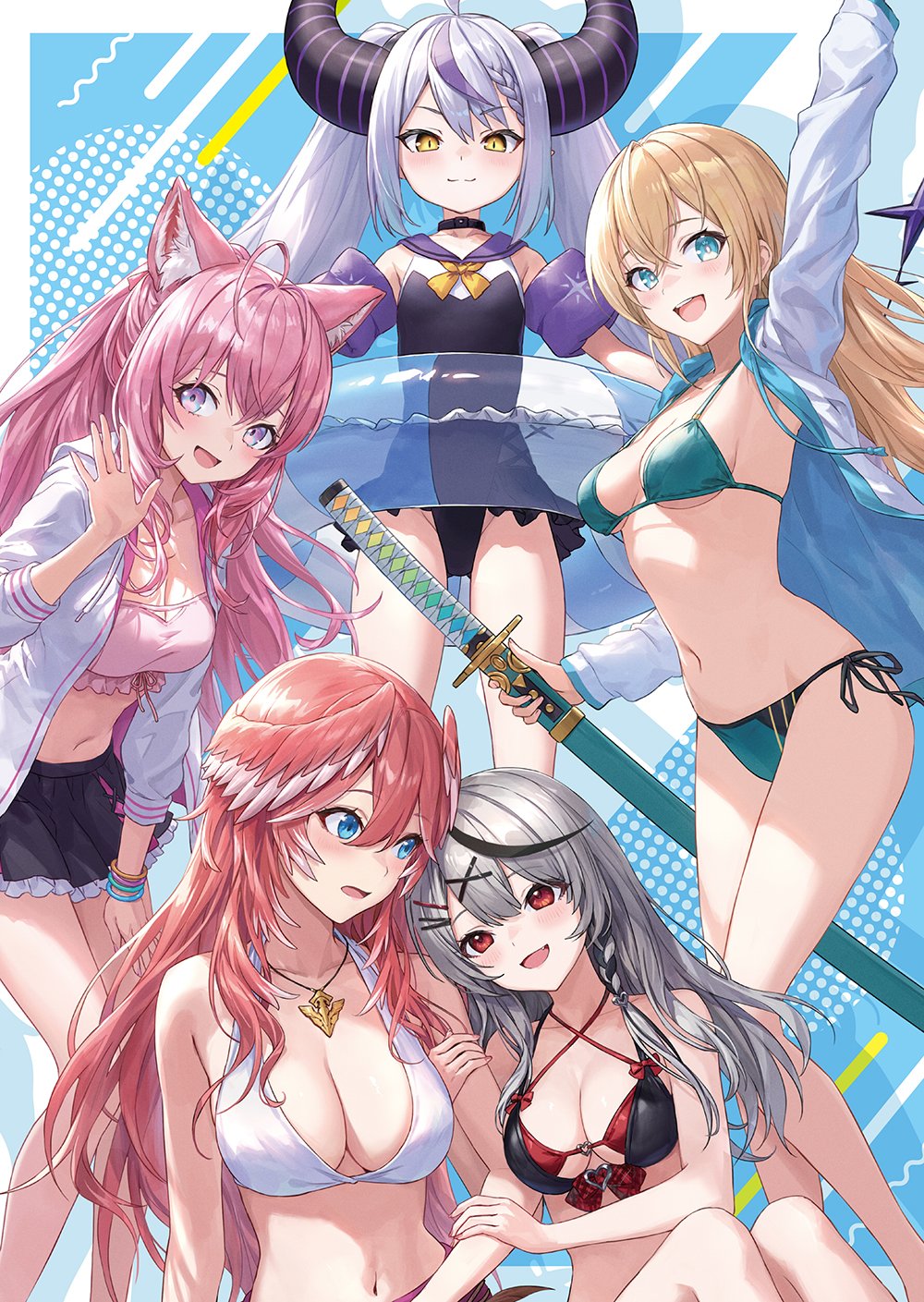 5girls :d alternate_hairstyle animal_ears antenna_hair arm_up bikini bird_girl black_bikini black_choker black_hair black_swimsuit blonde_hair blue_eyes breasts character_request choker closed_mouth coyote_ears coyote_girl green_bikini grey_hair guchico hair_between_eyes hair_ornament hairclip hakui_koyori highres holding holding_sword holding_weapon hololive holox jacket jewelry katana kazama_iroha la+_darknesss large_breasts long_hair looking_at_another looking_at_viewer medium_breasts multicolored_hair multiple_girls navel necklace one-piece_swimsuit open_mouth pink_bikini purple_eyes purple_hair red_eyes red_hair sakamata_chloe side-tie_bikini sitting smile standing streaked_hair striped_horns swimsuit sword takane_lui twintails virtual_youtuber weapon white_bikini white_hair white_jacket x_hair_ornament yellow_eyes