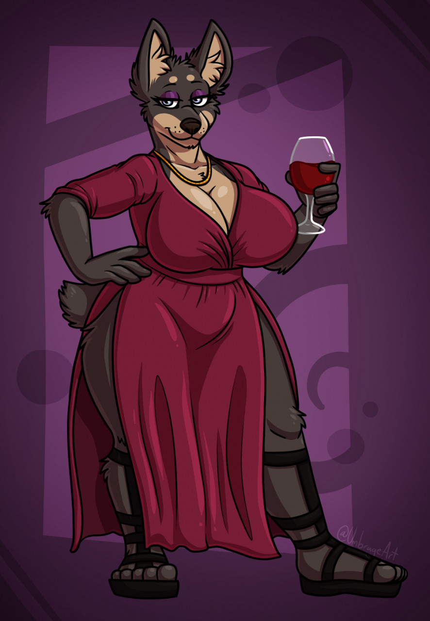 2022 4_fingers 5_toes abstract_background alcohol anthro beverage big_breasts black_body black_clothing black_footwear black_fur black_nose black_sandals blue_eyes breasts canid canine canis cleavage closed_mouth clothed clothing cocktail_dress container cup dobermann domestic_dog dress drinking_glass ear_tuft eyeshadow feet female fingers footwear fur glass glass_container glass_cup gold_(metal) gold_jewelry gold_necklace hand_on_hip hi_res hindpaw jewelry klaudia makeup mammal mature_anthro mature_female metallicumbrage multicolored_body multicolored_fur necklace paws pinscher plantigrade pose purple_background red_clothing sandals short_tail simple_background slit_dress smile solo standing tan_body tan_fur toes tuft two_tone_body two_tone_fur whisker_spots wine wine_glass