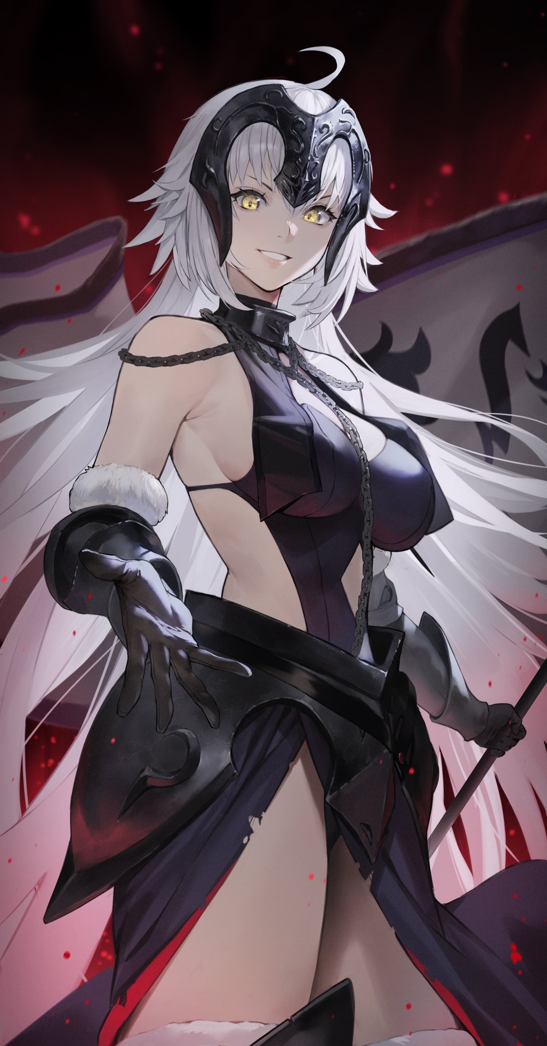 1girl ahoge armor bare_shoulders blonde_hair breasts chain choker extra_singular fate/grand_order fate_(series) flag flagpole gauntlets headgear highres holding holding_flag jeanne_d'arc_(fate) jeanne_d'arc_alter_(avenger)_(third_ascension)_(fate) jeanne_d'arc_alter_(fate) large_breasts long_hair looking_at_viewer revealing_clothes sideboob sleeveless solo thighhighs thighs yellow_eyes