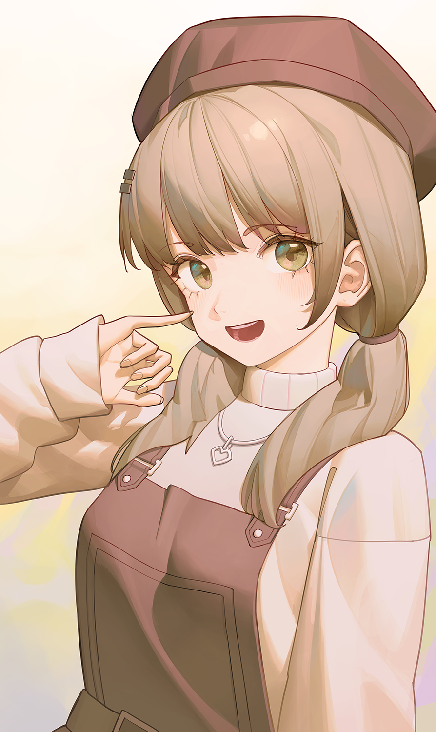 1girl :d bangs blush brown_hair green_eyes hair_ornament hair_tie hairclip hat heart heart_necklace highres jewelry komodo long_hair long_sleeves looking_at_viewer low_twintails nail_polish necklace open_mouth overalls pinky_out sleeves_past_wrists smile solo sweater twintails viichan virtual_youtuber waktaverse