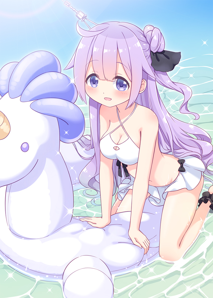 1girl :d arm_support azur_lane bangs bare_arms bare_shoulders barefoot bikini blush breasts cleavage cleavage_cutout clothing_cutout commentary_request criss-cross_halter hair_between_eyes hair_bun halterneck harada_(sansei_rain) highres innertube long_hair looking_at_viewer medium_breasts navel one_side_up purple_eyes purple_hair shallow_water single_side_bun smile solo swimsuit unicorn_(azur_lane) very_long_hair water white_bikini