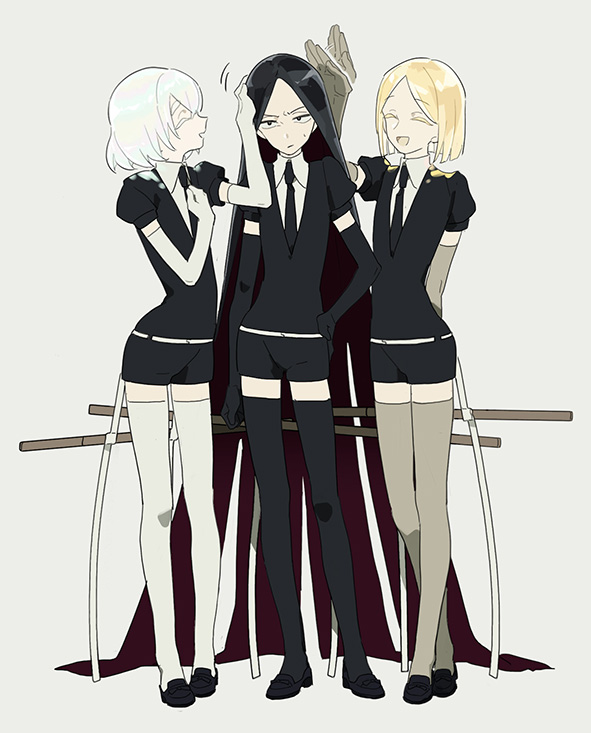 3others ^_^ absurdly_long_hair afterimage ahn androgynous arm_behind_back belt black_footwear black_gloves black_hair black_necktie black_thighhighs blonde_hair bob_cut bort closed_eyes colored_inner_hair diamond_(houseki_no_kuni) elbow_gloves frown full_body furrowed_brow gem_uniform_(houseki_no_kuni) gloves grey_gloves grey_thighhighs hand_on_another's_head hand_on_hip hand_on_own_chest hand_up hands_up headpat houseki_no_kuni laughing loafers long_hair looking_at_viewer multicolored_hair multiple_others necktie open_mouth other_focus profile purple_hair shoes short_hair short_sleeves side-by-side simple_background sparkle standing sweatdrop sword thighhighs two-tone_hair very_long_hair weapon white_gloves white_hair white_thighhighs yellow_diamond_(houseki_no_kuni)
