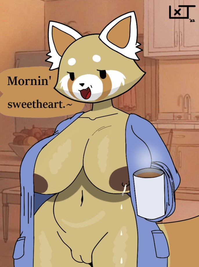 aggressive_retsuko ailurid anthro big_breasts bodily_fluids breasts clothing female genitals huge_breasts lactating lxndxntxwn mammal milk pussy red_panda retsuko's_mother robe sanrio solo thick_tail thick_thighs