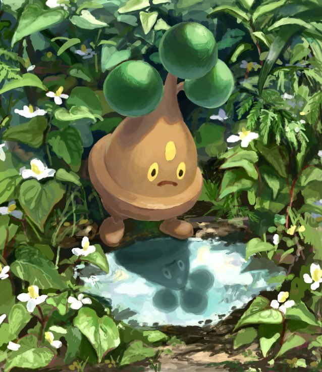 bonsly commentary_request day flower frown koala_0l leaf looking_down no_humans outdoors pokemon pokemon_(creature) puddle reflection solo water white_flower