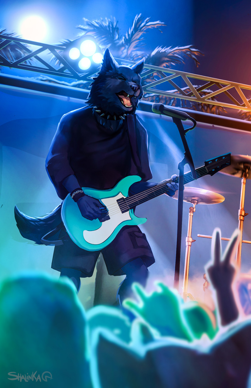 2022 5_fingers anthro black_body black_fur black_nose canid canine canis clothed clothing digital_media_(artwork) eyes_closed fingers fur guitar hi_res holding_object male mammal musical_instrument open_mouth plucked_string_instrument shalinka standing string_instrument teeth tongue wolf