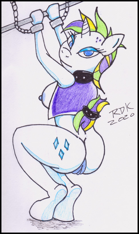 anthro blue_eyes bottomless bound breasts butt chain clothed clothing crouching equid equine female friendship_is_magic genitals hasbro horn horse looking_at_viewer mammal my_little_pony nude pony punch pussy raripunk rarity_(mlp) reddragonkan simple_background solo traditional_media_(artwork) unicorn
