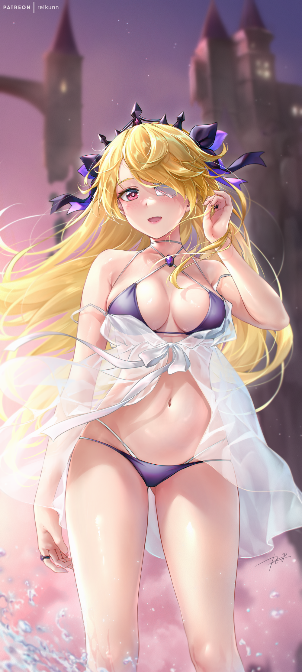 1girl :d alternate_costume arm_at_side armpit_crease ass_visible_through_thighs babydoll bangs bare_arms bare_legs bare_shoulders bikini blonde_hair blurry blurry_background blush breasts castle criss-cross_halter eyepatch fischl_(ein_immernachtstraum)_(genshin_impact) fischl_(genshin_impact) gem genshin_impact hair_over_one_eye halterneck hand_up highres holding holding_hair jewelry large_breasts long_hair looking_at_viewer multi-strapped_bikini navel off_shoulder open_mouth outdoors patreon_username purple_bikini purple_gemstone purple_ribbon red_eyes rei_kun ribbon ring see-through signature smile solo standing stomach strap_gap strap_slip string_bikini swept_bangs swimsuit thighs tiara water water_drop wet wind