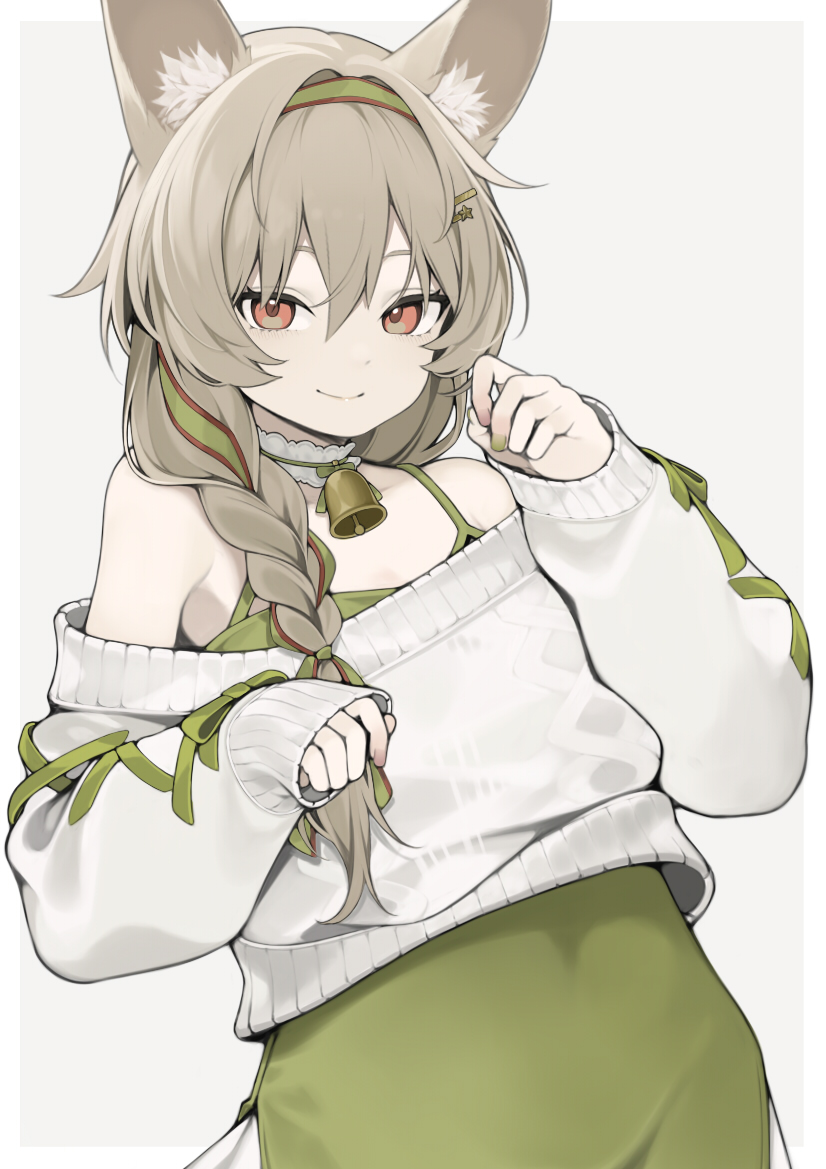 1girl animal_ear_fluff animal_ears arknights bangs bare_shoulders beanstalk_(arknights) beanstalk_(gift_uncompleted)_(arknights) bell braid brown_eyes commentary dress e_draw_paint green_dress green_hairband grey_background grey_hair hair_between_eyes hairband long_hair long_sleeves neck_bell off-shoulder_sweater off_shoulder official_alternate_costume simple_background single_braid solo sweater upper_body white_sweater