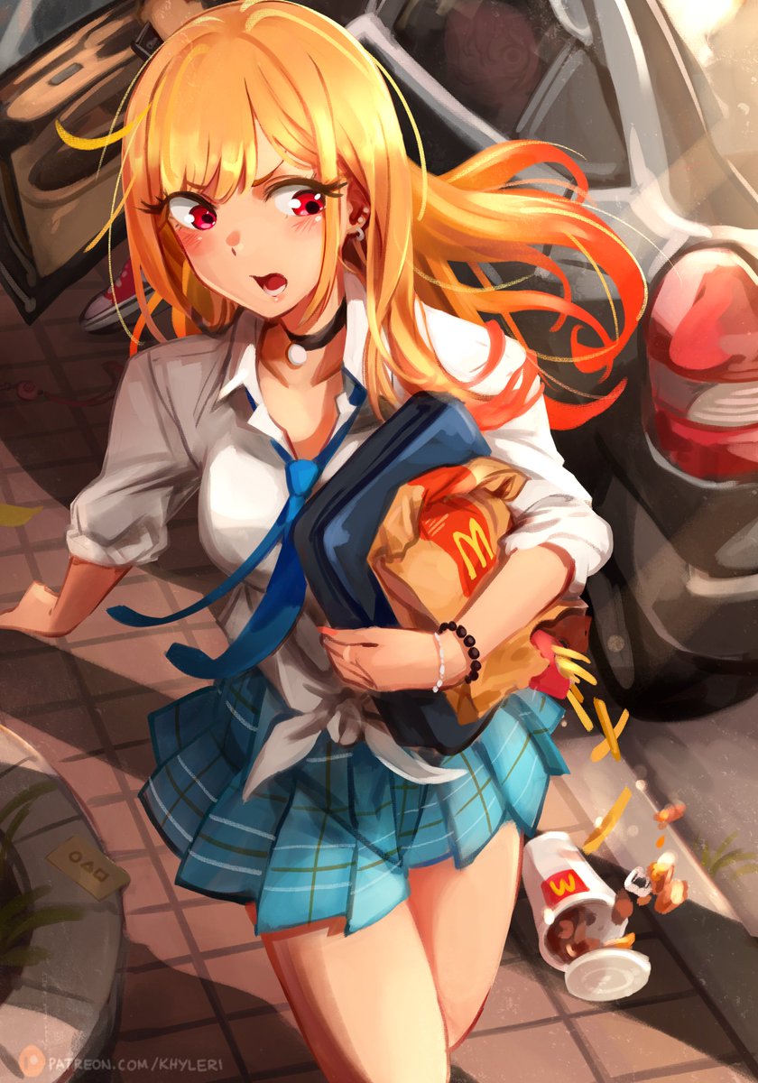 2girls bangs bead_bracelet beads blonde_hair bracelet breasts car choker collarbone collared_shirt commentary dress_shirt earrings english_commentary floating_hair food french_fries ground_vehicle gun highres holding holding_gun holding_weapon jewelry khyle. kitagawa_marin lower_teeth mcdonald's miniskirt motor_vehicle multiple_girls necktie open_mouth patreon_logo patreon_username plaid plaid_skirt pleated_skirt red_eyes school_uniform shirt skirt solo_focus sono_bisque_doll_wa_koi_wo_suru teeth thighs tied_shirt v-shaped_eyebrows weapon web_address when_you_see_it white_shirt