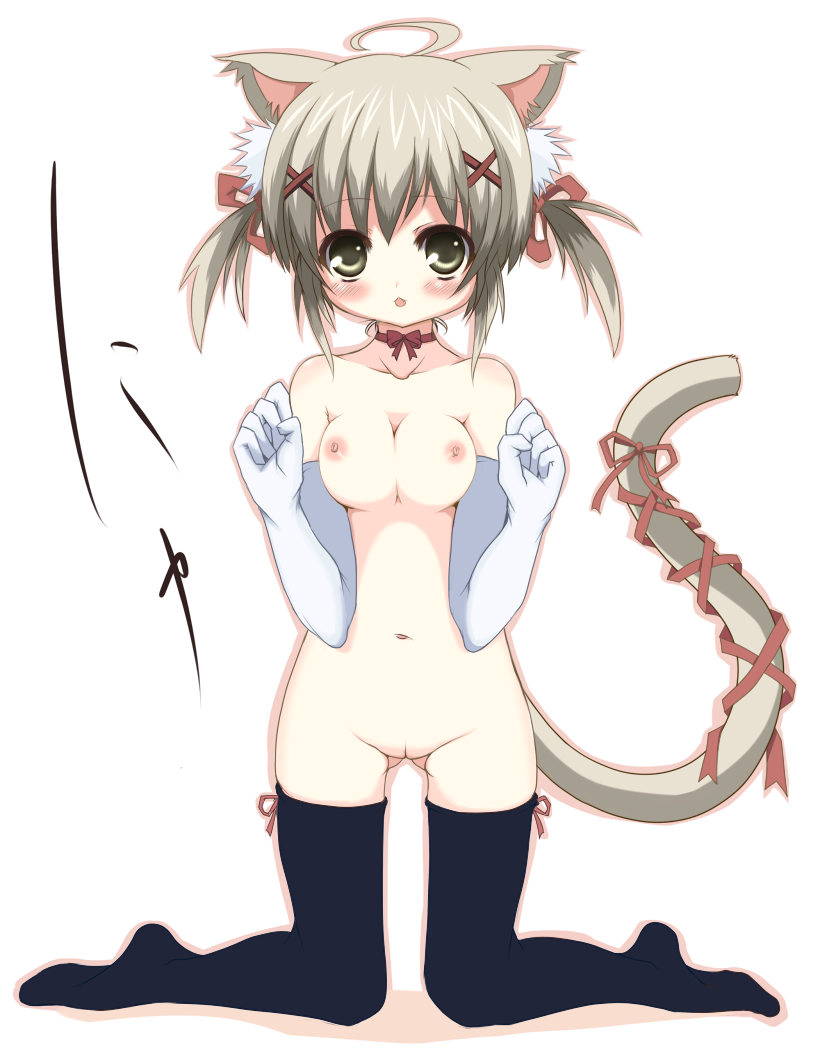 animal_ears blush breast_squeeze breasts copyright_request elbow_gloves gloves grey_hair kneeling kuronekogata medium_breasts nude pussy ribbon short_hair solo tail thighhighs yellow_eyes