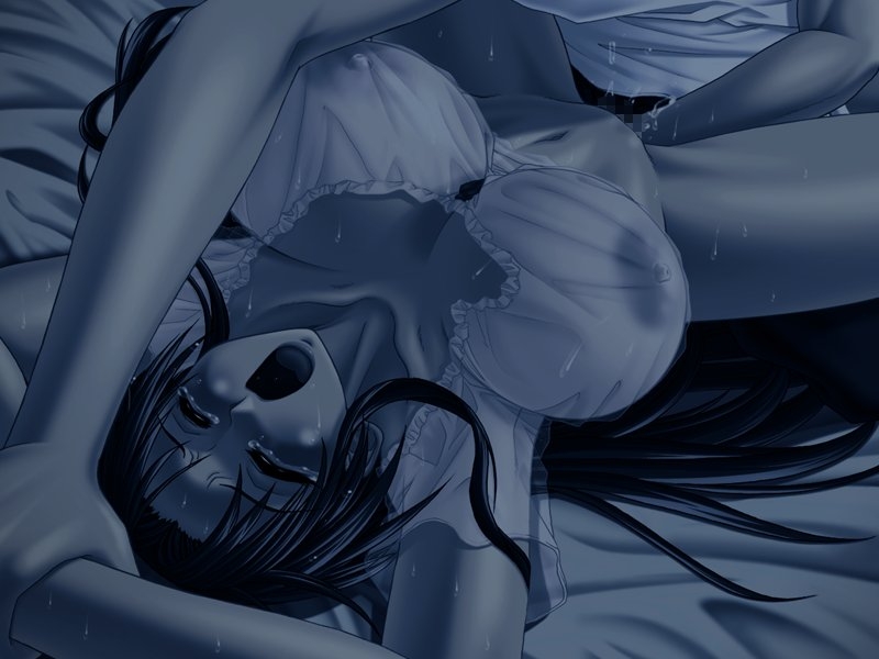 areolae bed black_hair breasts censored closed_eyes covered_nipples dark forced game_cg huge_breasts juubaori_mashumaro kitagawa_kureha large_areolae long_hair lying mosaic_censoring night on_back open_mouth pussy_juice rape rough_sex screaming see-through sex shinshoku solo_focus spread_legs sweat tears vaginal