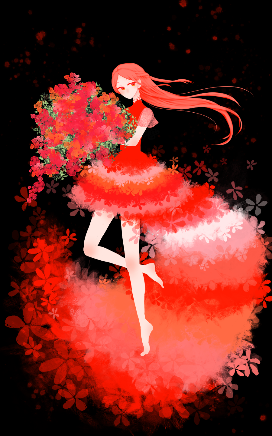 1girl bare_legs barefoot bouquet dress flower full_body highres holding holding_bouquet kituneko98 long_hair no_mouth original red_dress red_eyes red_flower red_hair red_theme sleeveless solo very_long_hair